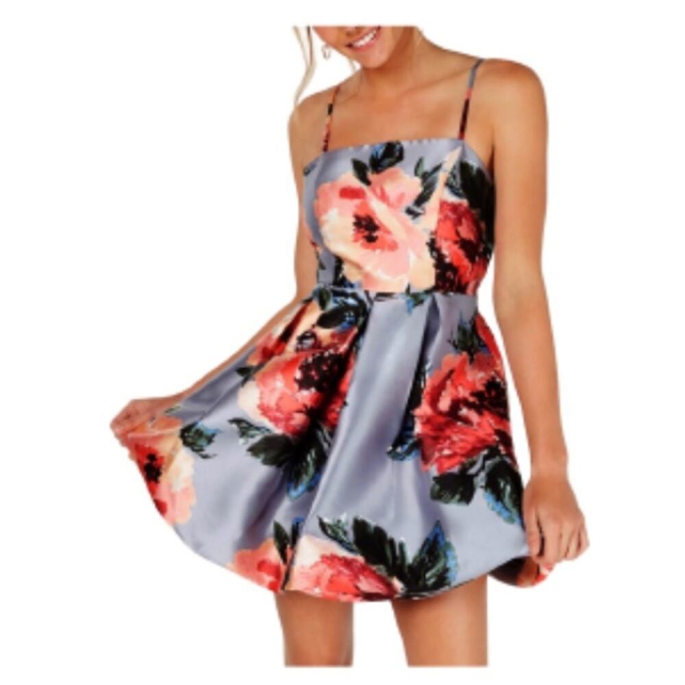 Crystal Doll Dress Gray Blue Pink Floral Spaghetti Strap Party Junior Size 3 NEW